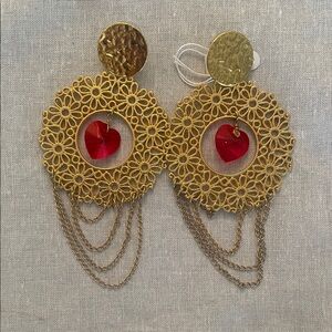 Gold and Red Heart Dangle Earrings
